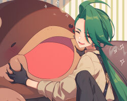 1girl :d affectionate ahoge black_gloves black_pants blush clodsire closed_eyes commentary_request couch earrings eyelashes gloves green_hair happy highres indoors jewelry long_hair miri_(cherryjelly) nintendo open_mouth pants pokemon pokemon_(creature) pokemon_sv rika_(pokemon) shirt sitting smile sparkle
