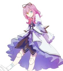 Rule 34 | 1girl, black ribbon, blue eyes, closed mouth, commentary request, cosplay, doll joints, dress, eiyuu densetsu, gothic lolita, hair ribbon, hajimari no kiseki, heterochromia, highres, joints, lapis rosenberg, layered dress, lolita fashion, long dress, long hair, looking at viewer, purple hair, rai 5555 ruuri, renne (eiyuu densetsu), renne (eiyuu densetsu) (cosplay), ribbon, simple background, smile, solo, white background, yellow eyes