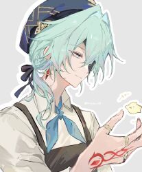 anaxa_(honkai:_star_rail) anaxa_(ingenuity)_(honkai:_star_rail) apron aqua_hair azero_a0 bird blue_eyes blue_hat brown_apron closed_mouth grey_background hand_tattoo hand_up hat highres honkai:_star_rail honkai_(series) jewelry medium_hair multiple_rings one_eye_covered pink_pupils red_tattoo ring shirt side_ponytail tattoo twitter_username white_shirt