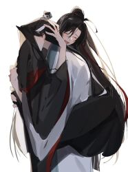 Rule 34 | 2boys, :d, ^ ^, ahoge, black hair, black hanfu, blush, carrying, carrying person, chinese clothes, closed eyes, couple, hair ribbon, hanfu, happy, headband, high ponytail, hug, lan wangji, leg lock, long hair, long sleeves, male focus, manjuyawaraka, modao zushi, multiple boys, open mouth, ponytail, red ribbon, ribbon, robe, simple background, smile, standing, third-party source, topknot, very long hair, wei wuxian, white background, white hanfu, white headband, wide sleeves, xiao guan (headdress), yaoi