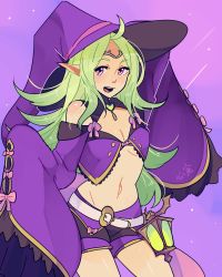 1girl ahoge alternate_costume belt breasts center_opening circlet cleavage cowboy_shot detached_sleeves female_focus fire_emblem fire_emblem_awakening fire_emblem_heroes green_hair halloween_costume hat heart_pendant kokomi_(aniesuakkaman) lantern long_hair looking_at_viewer midriff navel nintendo nowi_(eternal_witch)_(fire_emblem) nowi_(fire_emblem) open_mouth pointy_ears purple_background purple_eyes purple_hat short_shorts shorts simple_background sleeves_past_wrists small_breasts smile solo thighs wide_sleeves witch_hat