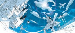 1girl aircraft airplane album_cover artist_request atlantis_airport_(band) black_hair blue_sky city cloud cover day dress fisheye full_body lens_flare light_rays limited_palette marmalade_butcher_(band) official_art outdoors rolling_suitcase scenery sky solo song_name suitcase sundress third-party_source white_dress