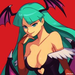 1girl absurdres artist_name bare_shoulders black_leotard breasts bridal_gauntlets cleavage closed_mouth collarbone commentary darkstalkers demon_girl demon_wings english_commentary green_eyes grey_hair head_wings highres leotard long_hair low_wings medium_breasts morrigan_aensland red_background simple_background smgold smile solo strapless strapless_leotard wings