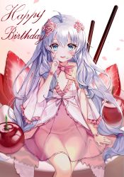 1girl absurdres ahoge bare_shoulders blue_eyes blue_hair blush brown_background buri_(retty9349) collarbone commentary_request dress female_focus flower food food_on_face frilled_dress frills fruit gradient_background hair_between_eyes hair_flower hair_ornament happy_birthday highres in_food long_hair long_sleeves looking_at_viewer mini_person minigirl parted_lips petals pink_dress pink_flower pink_rose pocky rose sitting smile solo soulworker stella_unibell strawberry very_long_hair white_background wide_sleeves