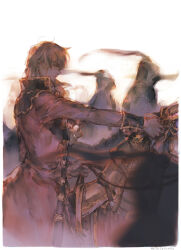 1boy armor ascot backlighting barding blonde_hair blurry blurry_foreground closed_mouth coat cowboy_shot eldigan_(fire_emblem) fire_emblem fire_emblem:_genealogy_of_the_holy_war from_side full_armor helm helmet high_collar holding holding_reins holding_sword holding_weapon horseback_riding knight long_hair long_sleeves lucia_(biblyoteka) male_focus mystletainn nintendo outstretched_arm pants plate_armor profile red_coat reins riding saddle serious shade sword twitter_username v-shaped_eyebrows weapon white_ascot white_background white_pants wolf_cut