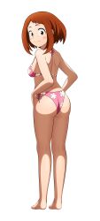 Rule 34 | 1girl, absurdres, ass, barefoot, bikini, blush, boku no hero academia, breasts, brown eyes, brown hair, from behind, highres, legs, looking at viewer, pink bikini, side-tie bikini bottom, sideboob, smile, swimsuit, toadd95, uraraka ochako
