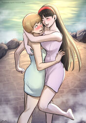 2girls amagi_yukiko barefoot blush closed_eyes female_focus highres hug implied_yuri long_hair matching_hair/eyes moonllita multiple_girls onsen persona persona_4 satonaka_chie short_hair towel