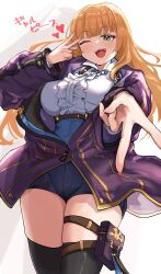 1girl ;d absurdres anne_(shingeki_no_bahamut) black_thighhighs blue_bow blue_bowtie blunt_bangs bow bowtie breasts cameltoe center_frills chest_harness coat collared_shirt commentary_request covered_erect_nipples double_v floating_clothes floating_hair frills from_below gold_trim green_eyes hand_up harness heart highres large_breasts long_hair long_sleeves looking_at_viewer manaria_friends one_eye_closed open_mouth orange_hair partially_unbuttoned pouch puffy_long_sleeves puffy_sleeves purple_coat raldest shirt smile solo teeth thigh_pouch thigh_strap thighhighs translation_request upper_teeth_only v white_background white_shirt