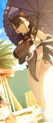 1girl bare_shoulders beach blue_sky breasts brown_hair cone_hair_bun detached_sleeves fate/grand_order fate_(series) gloves hair_bun hair_ornament highres large_breasts long_hair looking_at_viewer murasaki_shikibu_(fate) palm_tree parasol purple_eyes sky solo tree two_side_up umbrella very_long_hair white_gloves yuyiosang