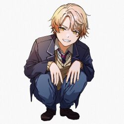 1boy arms_on_knees black_jacket black_shoes blue_pants collared_shirt commentary_request diagonal-striped_clothes diagonal-striped_necktie dot_nose full_body grin highres iwawa jacket kamiyama_high_school_uniform_(project_sekai) lapels layered_clothes layered_sleeves long_sleeves male_focus necktie notched_lapels pants parted_bangs parted_hair project_sekai school_uniform shirt shoes short_hair simple_background smile solo striped_clothes suit_jacket sweater teeth tenma_tsukasa uneven_eyes white_background white_shirt wing_collar yellow_eyes yellow_sweater