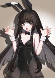 Rule 34 | 1girl, absurdres, animal ear hairband, animal ears, arknights, black bow, black bowtie, black eyes, black hair, black leotard, black pantyhose, bow, bowtie, breasts, cleavage, covered navel, curled fingers, detached collar, fake animal ears, hairband, highres, hime cut, leotard, long hair, looking at viewer, mole, mole under eye, open clothes, pantyhose, playboy bunny, rabbit ears, small breasts, solo, strapless, strapless leotard, thighband pantyhose, virtuosa (arknights), wrist cuffs, yuyehexi