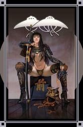 1girl armor asian azazel1944 black_eyes black_hair breasts genderswap genderswap_(mtf) helmet highres holding holding_mask japanese_armor kabuto_(helmet) katana long_hair mask samurai small_breasts solo sword weapon yagyuu_munenori