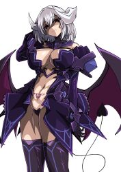 Rule 34 | 1girl, absurdres, aoi tabane, azur lane, breasts, cleavage, corruption, dark persona, demon girl, demon horns, demon tail, demon wings, gloves, highres, horns, kouyoku senki exs-tia, large breasts, lilistia, looking at viewer, low wings, maebari, navel, pubic tattoo, red eyes, revealing clothes, shaded face, short hair, simple background, sirius (azur lane), solo, tail, tattoo, thighhighs, white background, white hair, wings