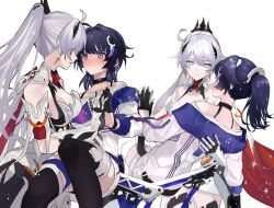 2girls bare_shoulders black_gloves black_thighhighs blue_eyes blush breasts cleavage closed_mouth commentary earrings gloves grey_hair half_gloves hand_on_another&#039;s_back honkai_(series) honkai_impact_3rd jacket jewelry kiana_kaslana kiana_kaslana_(herrscher_of_flamescion) large_breasts long_hair multiple_girls off-shoulder_jacket off_shoulder parted_lips ponytail purple_eyes purple_hair raiden_mei raiden_mei_(striker_fulminata) simple_background smile symbol-only_commentary thighhighs tiara utekikuore white_background white_jacket yuri