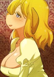 1girl animal animal_ears blonde_hair blue_eyes blush breasts cleavage collarbone dog dog_ears dog_girl dress furry large_breasts long_hair long_sleeves looking_up marie_hudson meitantei_holmes muramasa_mikado open_mouth smile upper_body wide_sleeves yellow_dress