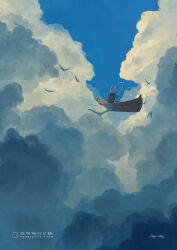 1boy artist_logo artist_name bird blue_sky blue_theme choidomart cloud cloudy_sky day floating flying furry high_up highres holding logo oar original outdoors rowing scenery signature sky solo standing sweater wide_shot