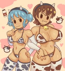 Rule 34 | 2girls, aioi yuuko, animal print, bikini, blue hair, bottle, breasts, brown eyes, brown hair, closed mouth, collar, cow, cow horns, cow print, cowbell, cube hair ornament, dozo gon, hair ornament, hairband, hand on own chest, hand on own hip, heart, highres, horned hairband, horns, huge breasts, locked arms, looking at another, medium breasts, milk, milk bottle, multiple girls, naganohara mio, navel, nichijou, open mouth, short hair, short twintails, swimsuit, thick thighs, thighs, twintails