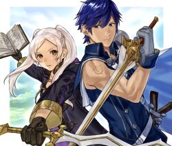 1boy 1girl abinosu0903 armor black_gloves black_robe blue_eyes blue_hair book braid brand_of_the_exalt breasts cape chrom_(fire_emblem) cleavage closed_mouth falchion_(fire_emblem) female_robin_(fire_emblem) fire_emblem fire_emblem_awakening gloves grey_gloves holding holding_book holding_sword holding_weapon long_hair looking_at_another looking_at_viewer nintendo parted_lips robe short_hair shoulder_armor smile sword twintails weapon white_hair