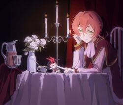 &gt;_&lt; 2boys aristocratic_clothes ascot black_hair candle candlelight candlestand character_doll cheek_poking cheek_rest chibi chibi_inset clenched_hand colored_bangs cup curtains doll double-parted_bangs dress_shirt drinking_glass elbow_on_table elbow_rest facing_another facing_to_the_side flower flower_pot green_eyes half-closed_eyes hand_on_own_face head_rest highres iii_(yu-gi-oh!) index_finger_raised indoors jug_(bottle) leaning_back leaning_forward looking_at_another looking_at_doll looking_at_object looking_down male_focus multiple_boys on_chair open_clothes open_vest pants parted_bangs pink_ascot pink_shirt pitcher_(container) pointing pointing_at_another poking red_hair red_tunic red_vest rose shirt sitting smile spiked_hair stage_curtains tablecloth teacup trap tsukumo_yuma tunic vest victorian white_flower white_pants white_rose wine_glass wushuang566 yu-gi-oh! yu-gi-oh!_zexal