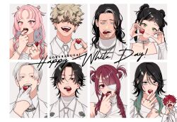 Rule 34 | 4girls, 5boys, absurdres, alma (gokurakugai), blonde hair, braid, copyright request, crying, dress, earrings, eyepatch, facial hair, formal clothes, gem, gokurakugai, green eyes, heart, highres, jewelry, long hair, mature male, multicolored hair, multiple boys, multiple girls, multiple rings, nei takarai (gokurakugai), nemeko (gokurakugai), pearl (gemstone), pink eyes, pink hair, red eyes, red hair, ring, sano yuuto, senda yaya, seno ryu (gokurakugai), shirt, short twintails, smile, string of pearls, suit, sweat, tatsuomi ban, twin braids, twintails, utsuro, white background, white day, white dress, white shirt, white suit, yomi (gokurakugai), yoru (gokurakugai)