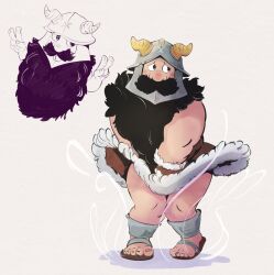 1boy :p baddie_holly bara beard blush clothes_lift covering_crotch covering_privates doodle_inset double_v dungeon_meshi dwarf embarrassed facial_hair fake_horns full_body helmet highres horned_helmet horns long_beard male_focus mustache parody senshi_(dungeon_meshi) shy sideways_glance skirt skirt_lift tareme thick_mustache thighs toned toned_male tongue tongue_out v very_long_beard