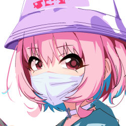 Rule 34 | 1girl, aqua hair, aqua hoodie, bucket hat, choker, commentary request, hat, highres, hoodie, idolmaster, idolmaster cinderella girls, idolmaster cinderella girls starlight stage, kakki (kackie), looking at viewer, mask, medium hair, mouth mask, multicolored hair, pink hair, pink hat, portrait, simple background, sketch, solo, two-tone hair, white background, white choker, white mask, yumemi riamu