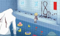 00taptap 1girl =_= anniversary black_sweater blonde_hair blood blood_on_wall boots brown_boots closed_eyes deformed grey_skirt grey_sweater_vest grey_vest hair_flaps indoors injury long_sleeves no_mouth oekaki plaid_clothes plaid_sweater_vest plaid_vest pool rubber_duck short_hair sidelocks sitting skirt solo surreal sweater sweater_vest swim_ring urotsuki vest water window yume_2kki