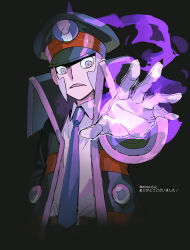 absurdres belt black_background black_coat black_hat black_pants blue_necktie coat collared_shirt fire frown gloves grey_eyes grey_hair hat highres ingo_(pokemon) looking_down necktie nintendo onigiri_(ahku5522) open_mouth pants pokemon pokemon_bw purple_fire reaching reaching_towards_viewer shirt short_hair sideburns white_gloves white_shirt