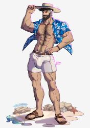 Rule 34 | 1boy, abs, absurdres, alternate costume, arm hair, artist name, bara, bare pectorals, beard, belt, bluesky username, brown eyes, brown hair, chest hair, commentary, english commentary, facial hair, fantastic four, full beard, hat, hawaiian shirt, highres, leg hair, male focus, marvel, marvel rivals, mature male, multicolored hair, muscular, muscular male, navel, nipples, open clothes, open shirt, patreon username, pectorals, reed richards, sandals, shirt, shorts, solo, starfish, twitter username, two-tone hair, variant set, wererdraws, white hair, white shorts