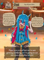 1girl absurdres animal_ears aqua_hair aqua_shirt basedbinkie blood blood_on_arm blood_on_face blood_on_hands blurry brown_pantyhose club_(shape) colored_skin confetti crazy_eyes crazy_smile depth_of_field early_modern_english_text english_text facepaint frills gameplay_mechanics gauge heart highres horse_ears horse_girl horse_tail jester long_hair multicolored_hair original pantyhose pink_hair pink_skin pink_vest pippi_panini_(basedbinkie) shirt smile speech_bubble tail torn_clothes torn_pantyhose two-tone_hair umamusume vest wide_mouth