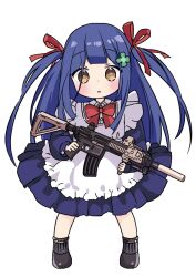 1girl :o assault_rifle blue_hair bow bowtie brown_eyes cho980621 clover_hair_ornament date_a_live dress genderswap genderswap_(mtf) gun h&amp;k_hk416 hair_ornament itsuka_shido itsuka_shiori long_hair maid open_mouth red_bow red_bowtie red_ribbon ribbon rifle solo weapon