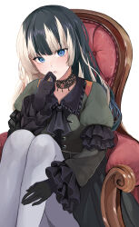 1girl absurdres ascot black_ascot black_choker black_pantyhose blue_eyes blush chair choker commentary_request dress frills highres hololive hololive_dev_is juufuutei_raden lace lace_choker long_hair looking_at_viewer multicolored_hair pantyhose sakuradakey sitting sleeves_past_wrists solo streaked_hair white_pantyhose