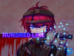1boy bed_sheet black_hair blood blood_on_clothes blood_on_face blood_on_hands bloody_weapon blue_eyes hair_between_eyes highres holding holding_sword holding_weapon last_defense_academy_school_uniform long_sleeves looking_at_viewer male_focus multicolored_hair red_eyes red_hair simple_background solo solo_focus sumino_takumi sword the_hundred_line_-last_defense_academy- title weapon