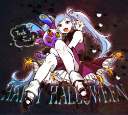 1girl adorabbit ai_the_somnium_files aiba_(ai_the_somnium_files) black_background black_shoes blue_hair dress fangs frilled_dress frills gebodyabo halloween halloween_costume highres long_hair long_sleeves looking_at_viewer okiura_mizuki open_mouth pointy_ears purple_dress red_eyes shoes simple_background smile socks solo tassel twintails white_socks