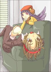bird_hood blunt_bangs brown_eyes brown_hair brown_mittens coat couch demon demon_(megami_tensei) devil_summoner_(series) eating food formal_clothes fur_trim hair_wings hairband head_tilt holding holding_food indoors leaning_back looking_at_viewer lying mittens muu_shuwuu_(megami_tensei) nekoyanagi official_alternate_color on_back on_couch open_mouth pinstripe_pattern pinstripe_suit purple_hair red_eyes red_hairband rei_reiho short_hair steamed_bun suit upside-down upside-down_head yellow_coat