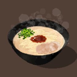 Rule 34 | bowl, brown background, char-siu, cutlet, food, food focus, hisachan55cute, no humans, noodles, original, pixel art, simple background, soba, soup, soy sauce, spring onion, steaming food, still life