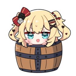 1girl akai_haato barrel blonde_hair blue_eyes blush bow chibi chibi_only commentary_request dohoon hair_bow hair_ornament highres hololive in_container looking_at_viewer monster_hunter_(series) open_mouth red_bow short_hair solo sweat transparent_background two_side_up virtual_youtuber x_hair_ornament