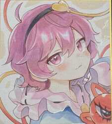 1girl ahoge black_hairband blue_shirt closed_mouth collared_shirt frilled_shirt_collar frills hair_between_eyes hair_ornament hairband heart heart_hair_ornament highres komeiji_satori looking_at_viewer moni_monico outline pink_eyes pink_hair portrait shirt short_hair solo third_eye touhou traditional_media white_outline