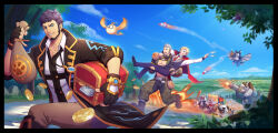 3boys angry blonde_hair blue_eyes blurry blurry_background boots camouflage camouflage_pants chest_jewel coin dog_boy flying furry furry_male gauntlets gloves grey_hair gun gyee highres holding holding_weapon jacket landscape lifting_person master_(gyee) mianbaobao money multiple_boys muscular muscular_male nervous official_art outdoors pants pectorals purple_hair rocket running short_hair sky smile smirk sweat sweatdrop teeth tree weapon