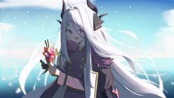 Rule 34 | 1girl, absurdres, ahoge, armband, black coat, black gloves, blue archive, breasts, coat, coat on shoulders, demon girl, demon horns, food, gloves, highres, hina (blue archive), horns, ice cream, long hair, looking at viewer, ocean, outdoors, purple eyes, red armband, saeri nenechi, small breasts, smile, solo, white hair