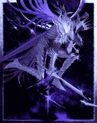 Rule 34 | armor, black background, cape, cruentum noctis, elden ring, elden ring nightreign, extra arms, from side, full armor, gauntlets, great rune (elden ring), greatsword, helmet, heolstor the nightlord, highres, purple cape, shoulder armor, solo, spiked helmet, sword, triple wielding, weapon
