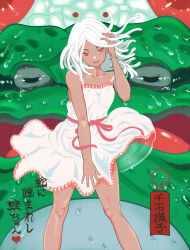 1girl absurdres adjusting_hair animal bare_shoulders between_legs breasts character_name collarbone commentary dress dress_ribbon dress_tug feet_out_of_frame floating_hair frog green_eyes hand_between_legs hand_up heart highres koimonogatari kuchinawa light_smile monogatari_(series) ouroboros oversized_animal pink_dress pink_lips pink_ribbon red_eyes ribbon sengoku_nadeko shyiek_art sleeveless sleeveless_dress small_breasts smile snake snake_hair solo spaghetti_strap sparkling_eyes spread_legs standing sundress tan translated two-tone_dress water_drop wet white_dress white_hair white_snake wind wind_lift