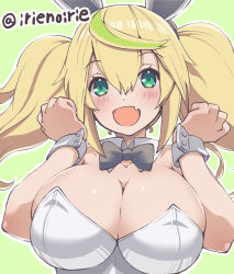 1girl :d animal_ears aqua_eyes black_bow black_bowtie blonde_hair blush bow bowtie breasts cleavage detached_collar fake_animal_ears fang gene_(pso2) green_background green_hair huge_breasts irie_keisuke_(handn) leotard long_hair looking_at_viewer multicolored_hair open_mouth phantasy_star phantasy_star_online_2 playboy_bunny rabbit_ears shiny_skin simple_background skin_fang smile solo streaked_hair twintails twitter_username upper_body white_leotard white_wrist_cuffs wing_collar wrist_cuffs