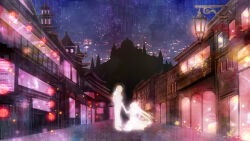 2girls akame_ga_kill! building highres holding_hands kneeling lamp lamppost lantern long_hair looking_down looking_up mine_(akame_ga_kill!) mituki multiple_girls night night_sky scenery see-through_silhouette sheele silhouette sky standing twintails