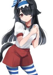 1girl :&lt; alternate_costume animal_ears black_hair breasts brown_eyes closed_mouth commentary_request freckles hair_between_eyes hair_ornament highres horse_ears kraft_univa_(umamusume) looking_at_viewer own_hands_together pantyhose shirt shorts simple_background small_breasts solo toa510 umamusume umamusume:_cinderella_gray white_background