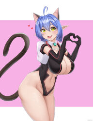 Rule 34 | 1girl, ahoge, animal ears, black leotard, black thighhighs, blue hair, bouncing breasts, breasts, cat day, cat demon girl (shinmai maou no testament burst), cat ears, cat girl, cat tail, cleavage, cleavage cutout, clothing cutout, covered erect nipples, cowboy shot, curvy, dated, elbow gloves, fang, gem, gloves, green gemstone, hair between eyes, hair intakes, happy, heart, heart hands, highleg, highleg leotard, highres, impossible clothes, impossible leotard, large breasts, legs apart, leotard, mumei99, navel, navel cutout, one eye closed, open mouth, partially visible vulva, pink background, pointy ears, revealing clothes, shinmai maou no testament, shiny skin, skindentation, smile, solo, standing, tail, thighhighs, thighs, thong leotard, v-shaped eyebrows, wide hips, wink, yellow eyes