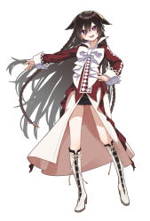 Rule 34 | 1girl, absurdres, alice (pandora hearts), black skirt, boots, bow, braid, brown hair, coat, full body, hair flaps, hand on own hip, highres, knee boots, kuon iki, lace-up boots, long hair, long sleeves, open mouth, pandora hearts, popped collar, purple eyes, red coat, skirt, smile, very long hair, white background, white boots, white bow