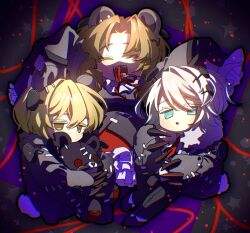 1boy 2girls :o animal_ears bear_claws bear_ears black_pants blonde_hair blue_eyes brown_hair chibi claws closed_eyes coat dress e.g.o_(project_moon) faust_(project_moon) full_body grey_background grey_coat grey_dress hex_nail_(e.g.o) highres limbus_company long_hair long_sleeves looking_at_viewer multiple_girls nail_(hardware) nantekottawo!! open_mouth pants paw_sleeves project_moon red_ribbon ribbon rodion_(project_moon) short_hair simple_background sinclair_(project_moon) standing stitches stuffing white_hair yellow_eyes