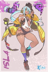 aqua_socks artist_logo baseball_cap black_hat black_shoes blue_hair character_name dark-skinned_female dark_skin disembodied_hand finger_tattoo green_eyes hair_between_eyes hat holding holding_unworn_clothes holding_unworn_hat isla_(kof) leg_tattoo light_blue_hair logo mask mask_around_neck oversized_clothes paint_can purple_socks respirator shoes short_shorts shorts socks spray_can spray_paint tank_top tattoo the_king_of_fighters the_king_of_fighters_xv torn_clothes torn_tank_top unworn_hat unworn_headwear watermark x-t3al