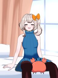 1girl = bed_sheet blush blush_stickers bow breasts closed_eyes commission crab curtains flat_chest highres indoors marimari_(vtuber) on_bed open_mouth phase_connect pillow ribbon sitting small_breasts solo virtual_youtuber